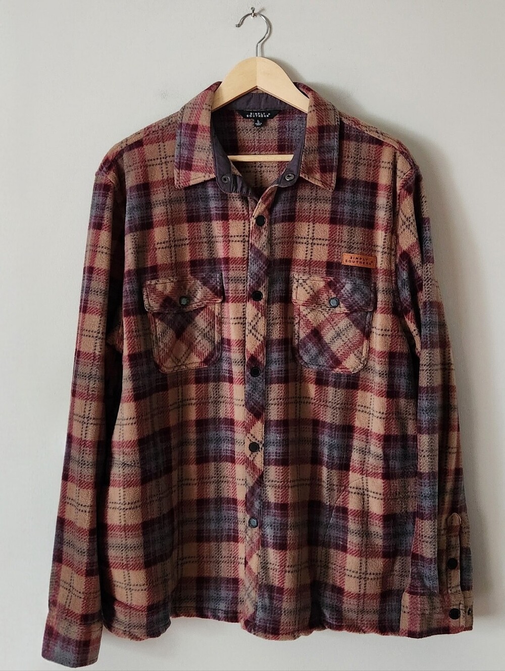 Simply Southern MN Shacket Shirt Men's Plaid Brown & Burgundy Sz L